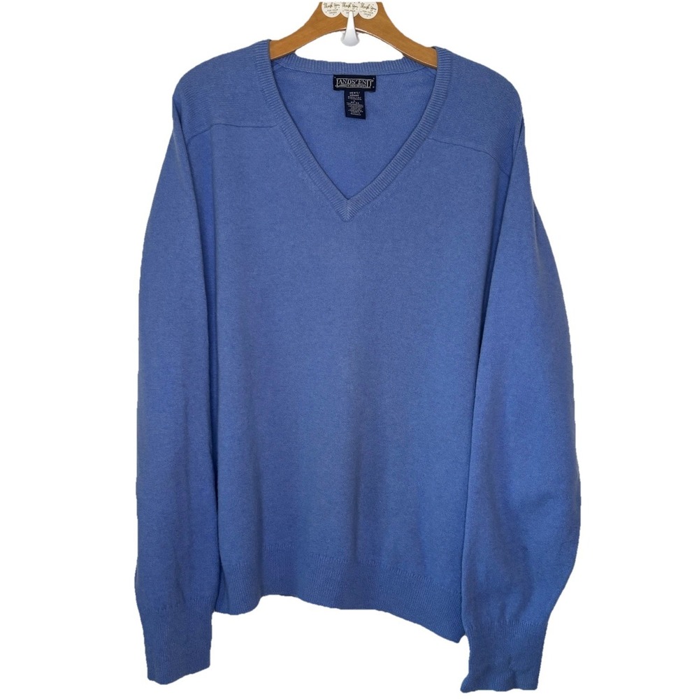 Vtg‎ Lands End Lambswool Sweater LG /42-44 Blue V-neck Scotland Classic Preppy